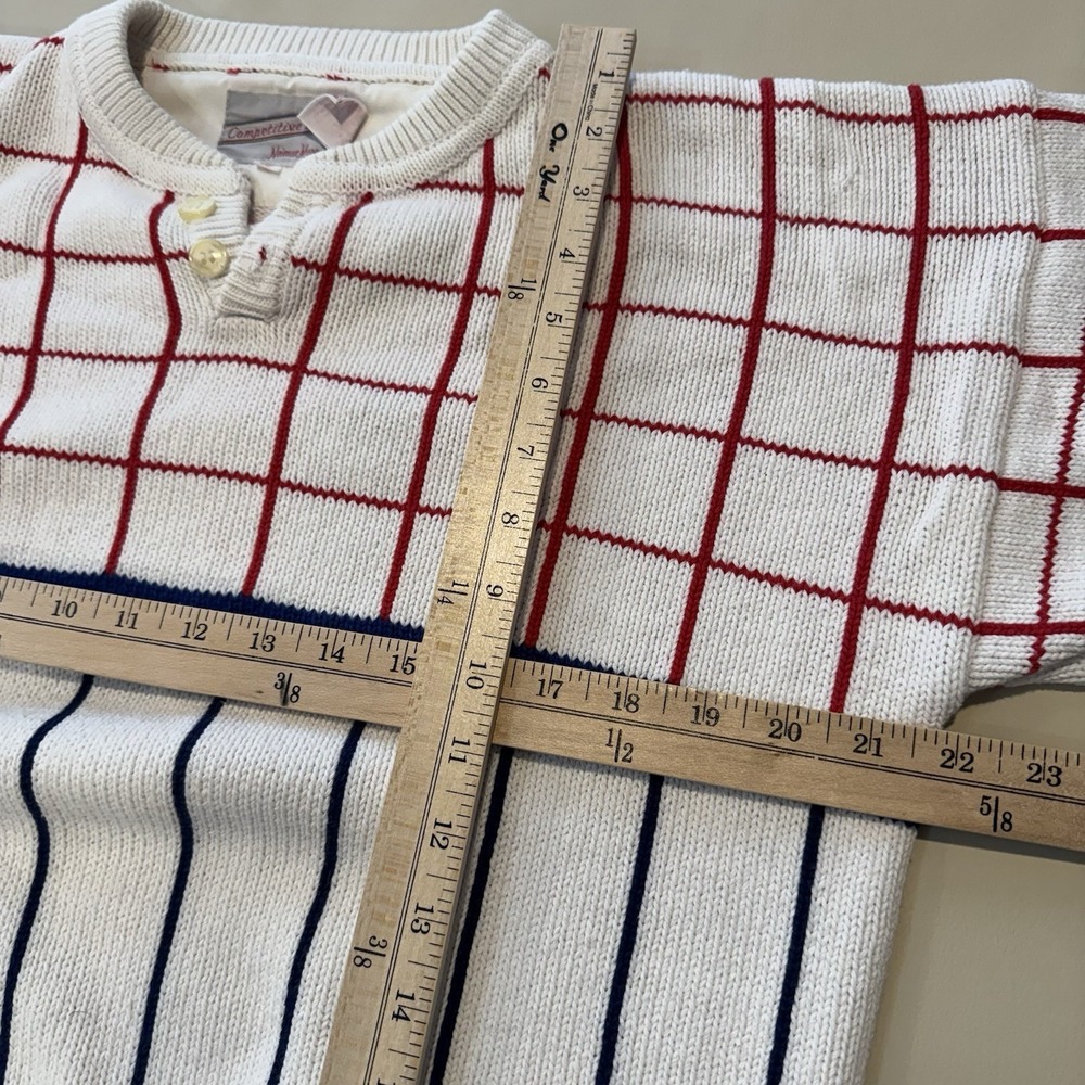 VTG Competitive Edge Neiman Marcus Large Knit Sweater Henley Cotton White Grid - Picture 9 of 13